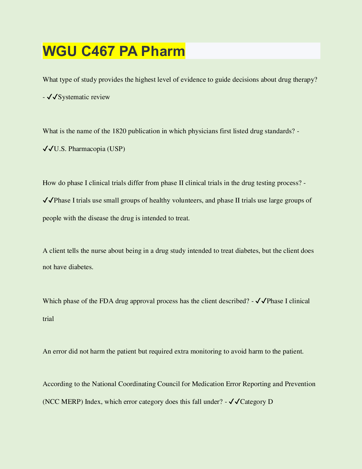Preview of WGU C467 PA Pharm | Questions with 100% Correct Answers | Verified | Latest Update